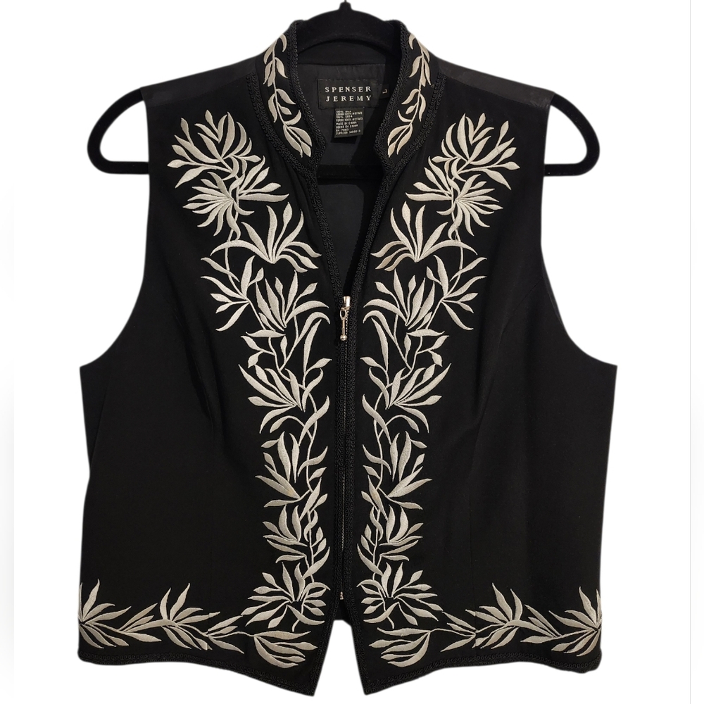 Spenser Jeremy Embroidered Silk Vest, Womens Zip Up Black Silk Vest, Size Large